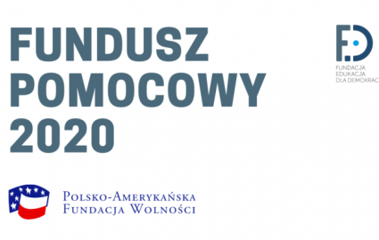 plakat promujący grant, szary tekst Fundusz Pomocowy 2020 na białym tle