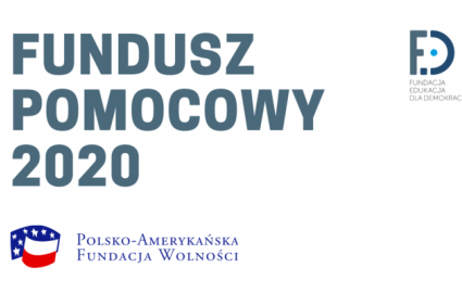 plakat promujący grant, szary tekst Fundusz Pomocowy 2020 na białym tle 