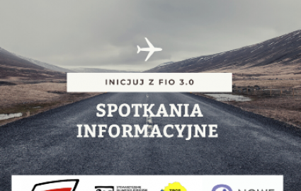 fargment pustej drogi, po bokach widok gór, na środku grafiki biały tekst o treści spotkania infromacyjne, poniżej loga grantodawców projektu