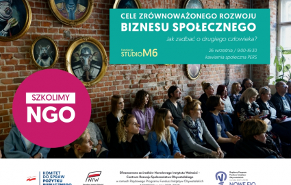 Grupa ludzi podczas szkolenia. Napis: Szkolimy NGO.