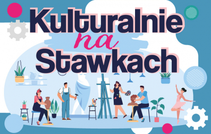 plakat promujący KONSULTACJE granatowy napis na niebieskim tle