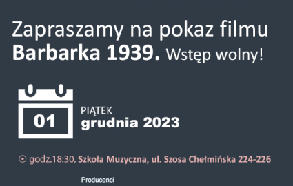 plakat promujący wydarzenie, białe napisy na szarym tle