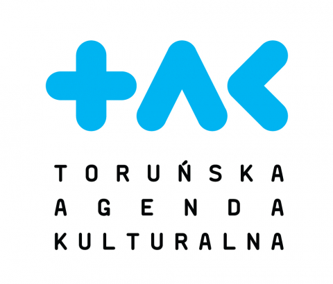 logo Toruńskiej Agendy Kulturalnej, na białym tle niebieski skrót TAK, poniżej w czerni rozwinięcie nazwy Agendy