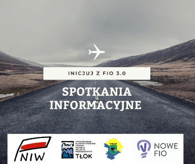 fargment pustej drogi, po bokach widok gór, na środku grafiki biały tekst o treści spotkania infromacyjne, poniżej loga grantodawców projektu