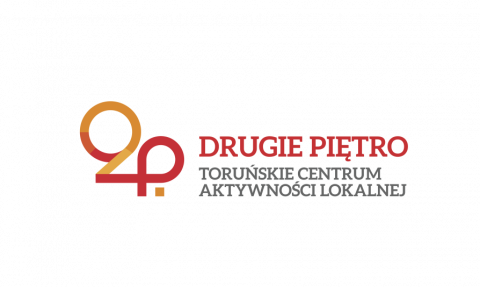 Logo oruńskiego Centrum Aktywności Lokalnej 2.Piętro - 2P DRUGIE PIĘTRO w kolorze pomarańczowo-czerwonym oraz rozwinięcie nazwy Centrum w kolorze szarym. 